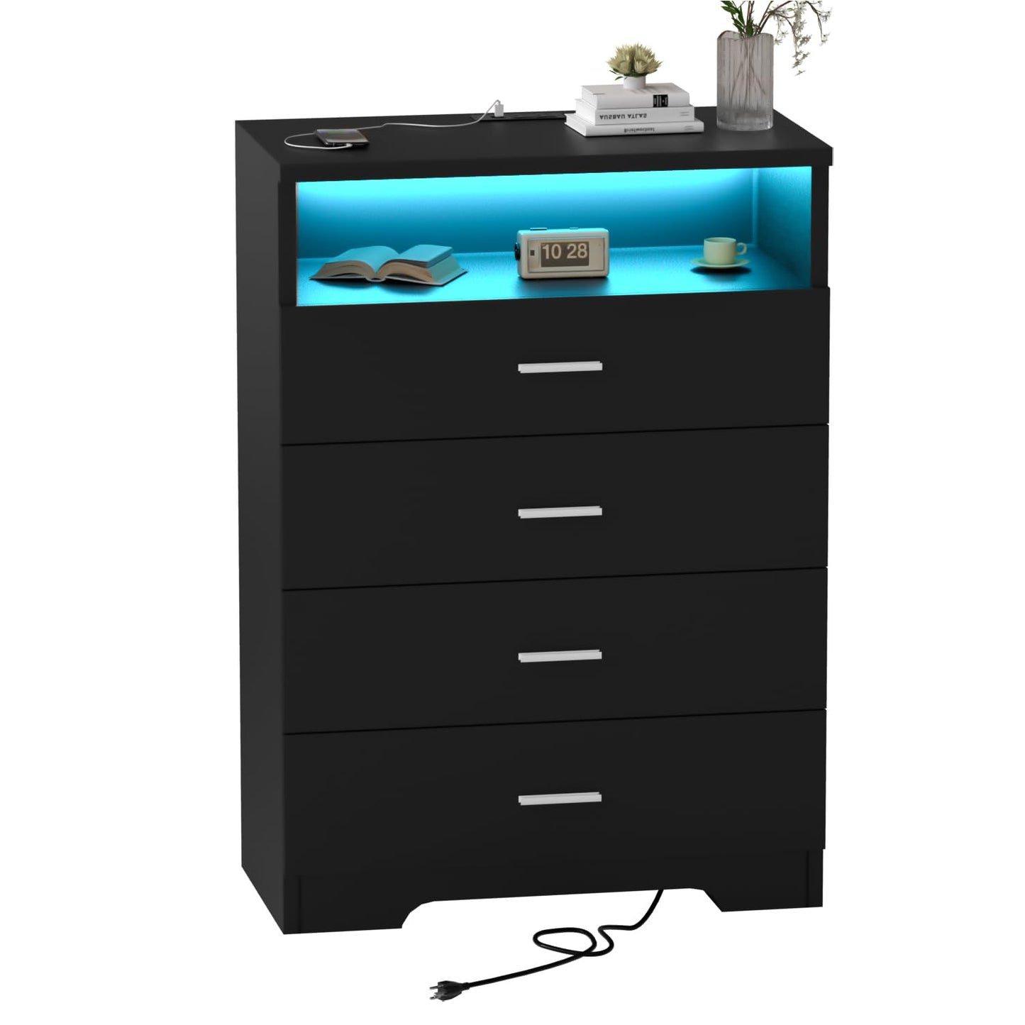 FJTJBSI Dresser with Power Outlets and LED Lights Wooden 4 Drawer Dresser with Large Organizer Tall Black Drawer for Bedroom Modern Chest of Drawers Closet for Living Room Kids Room