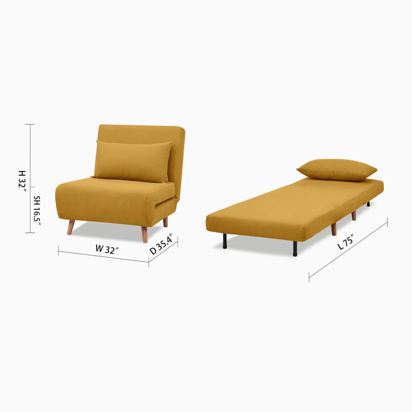 Artdeco Home Tustin Convertible Sleeper Chair – 3 in 1 Chair Bed, Compact Duraspace Design (Mustard, 32 in)