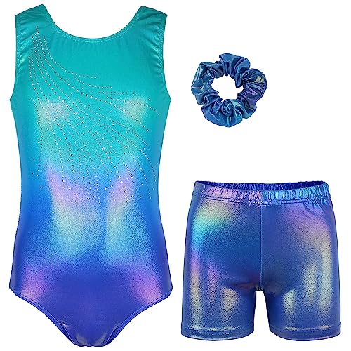 MODAFANS Leotards for Girls Gymnastics with Shorts Ballet Set Athletic Leotards with Hair Scrunchie Turquoise Flowing Diamond,4-5Years
