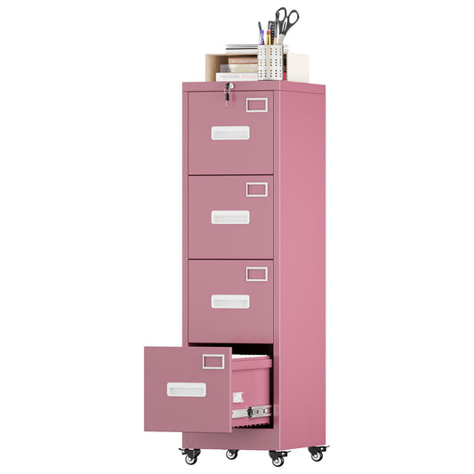 Aobabo File Cabinet 4 Drawer with Wheels, Lockable Office Metal Filing Cabinet with Name Card for Office and Home,Assembly Required,Pink
