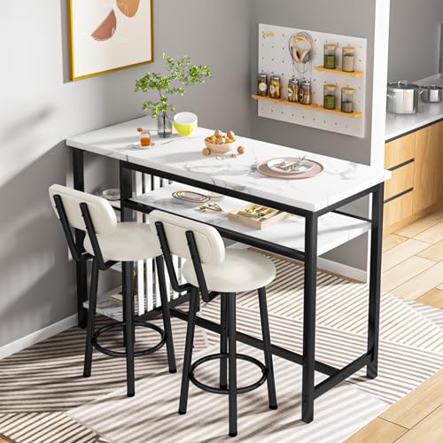Lamerge Furniture Kitchen Bar Height Table and Chairs for 2, 5-Tier Compact Dining Room Table, White Faux Marble Top and 2 PU Leather Upholstered Seat Black Frame, Modern Dining Set for Home & Office