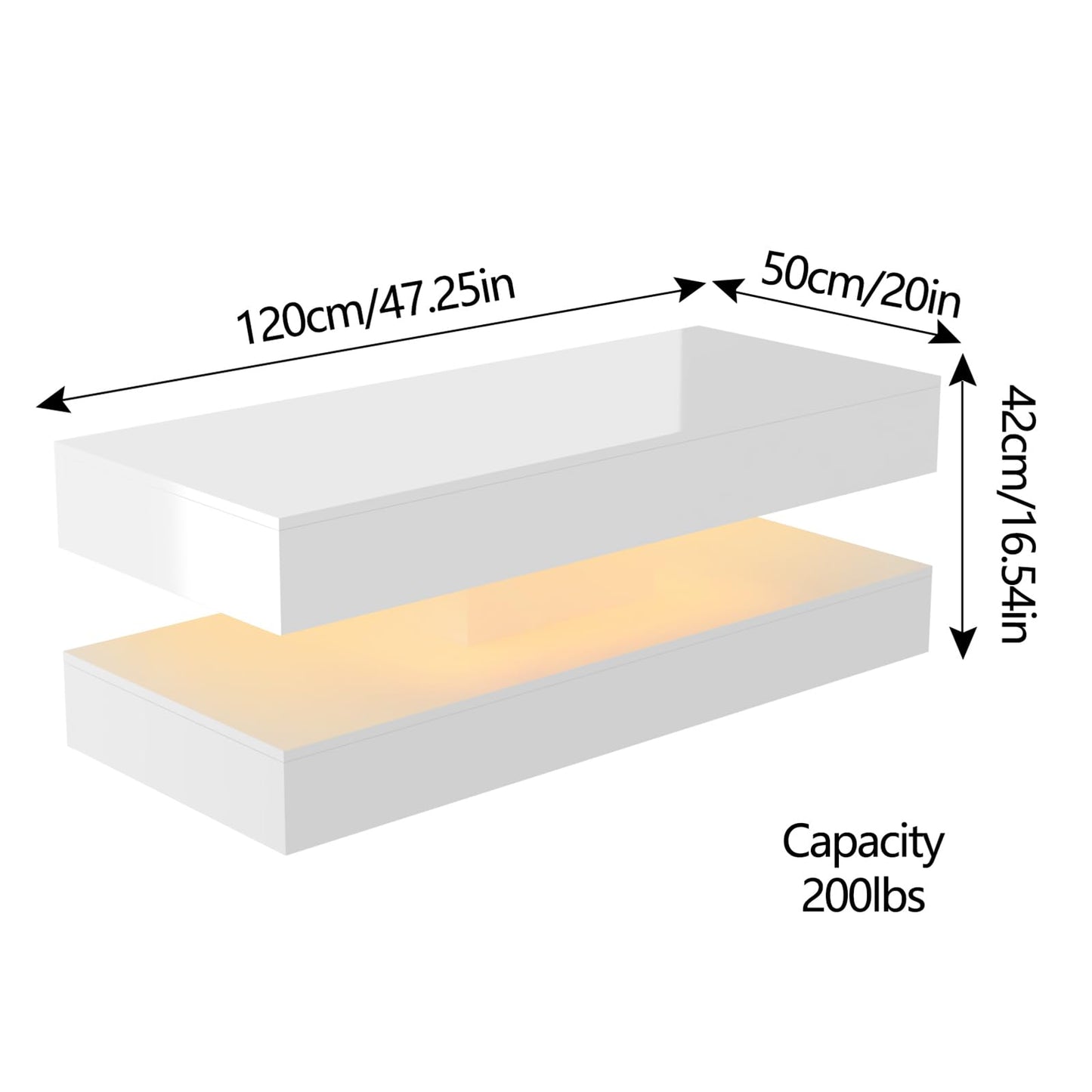 Uspeedy 47.3IN High Glossy LED Coffee Table,APP LED Lights,Black/White, Modern Furniture for Living Room (White)
