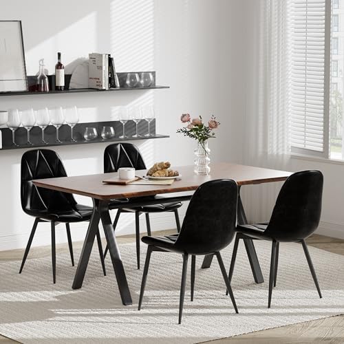 RGZ 63" Modern Rectangular Dining Table Set for 4, 5-PCS Rustic Walnut Kitchen Table & 4 Black Upholstered Faux Leather Chairs, Mid Century Wood Dinner Table for Dining Room, Home, Living Room