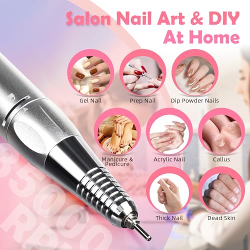 Nail Drill, Portable Rechargeable Tool Kit with 35000RPM Electric Nail File and LED Display for Manicure, Pedicure, Salon, Home, DIY (White)