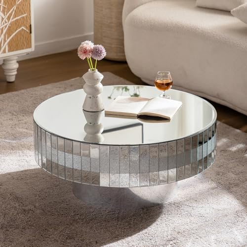 Modern Round Mirrored Coffee Table for Living Room, Silver Glass with Decorative Crystal Edge, Glam Round Accent Table Mirrored Center Table for Home Office, Silver, 31'' Dia x 14''H
