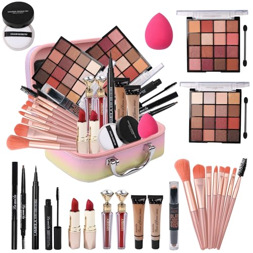 All in One Makeup Kit for Teen Girls - 2X16 Colors Eyeshadow, Liquid Foundation, Eyeliner Pencils, Contouring Stick, Lip Gloss, Eyebrow Pencils & 8pcs Makeup Brushes (Rainbow)
