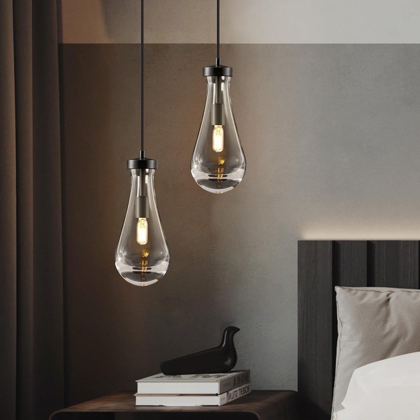 Raindrop Pendant Lights Kitchen Island: Modern Black Teardrop Hanging Light for Bathroom - 2 Lights Crystal Pendants Light over Dining Table - Brass matte lamps Fixture for Bedroom Bulbs Included