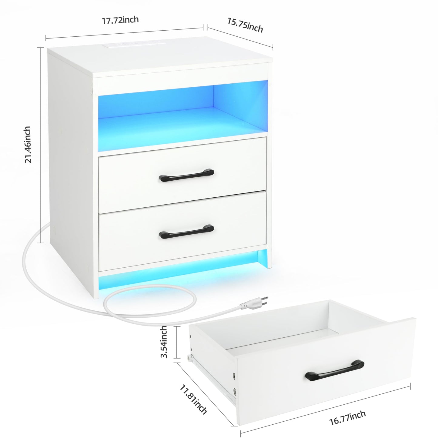 ansefe Nightstand with Charging Station and LED Lights, Bedside Table with 2 Drawers and Open Shelves, Modern End Side Table,White