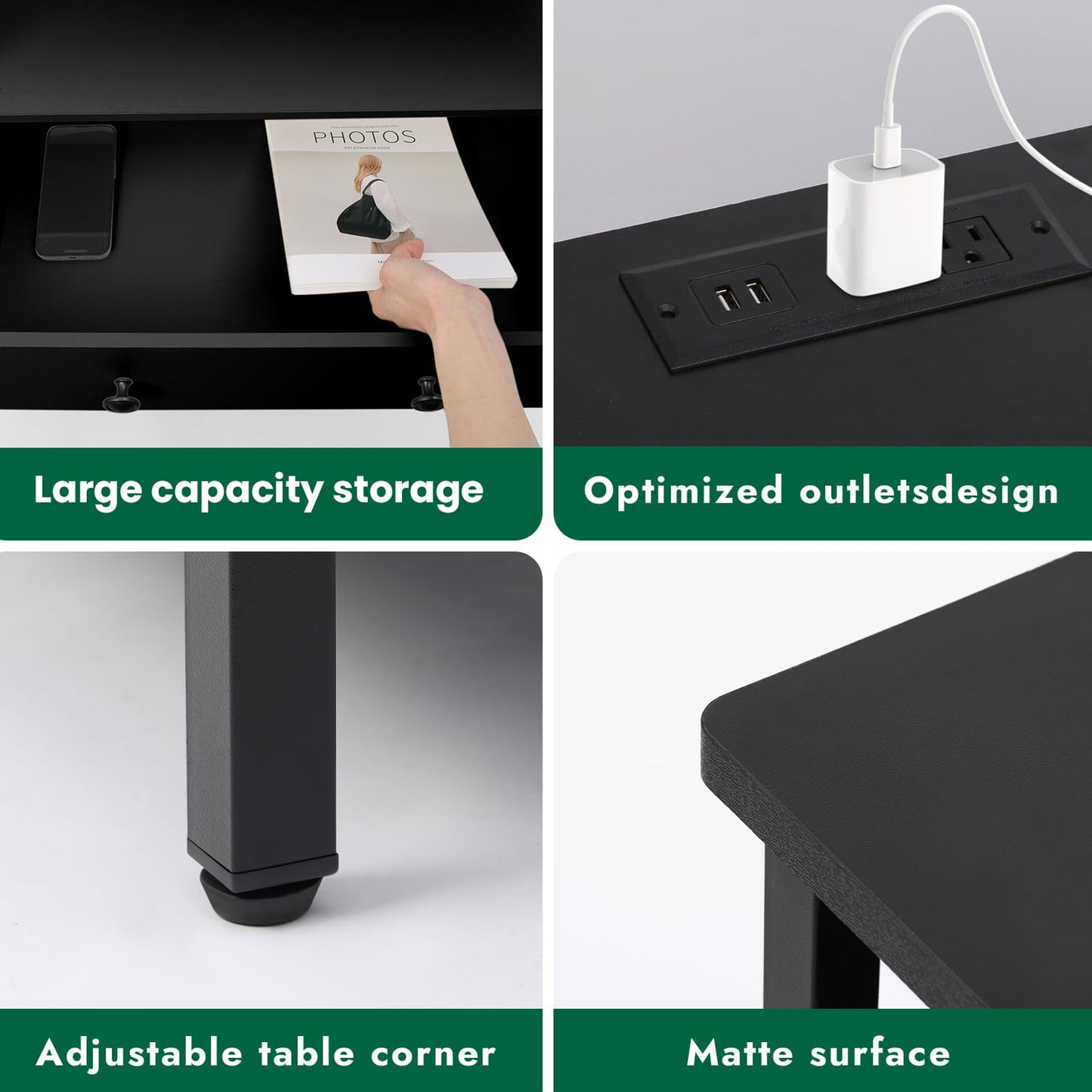 Tykacna 27 Inch Wide Night Stand, Large Wood Night Stand with 2 Drawer, LED Nightstand with Charging Station and Adjustable Drawer, Bedside Table for Living Room/Bedroom/Study/Office, Black.