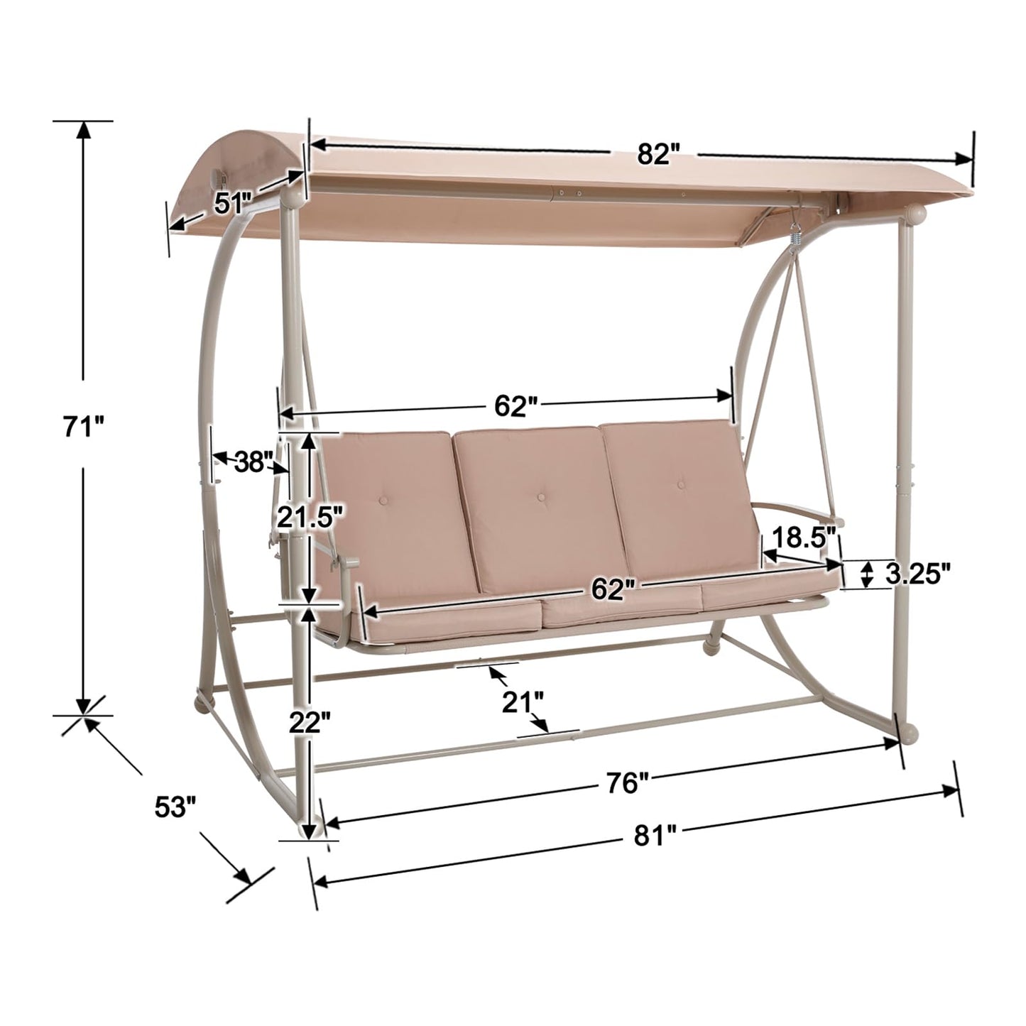 DAYARUS Modern Porch Swing with Stand, 3 Person Outdoor Patio Swings with Canopy, All Weather Backyard Swing for Adults, 2 in 1 Patio Swings Bed with Cushions, 600LBS Heavy Duty Outdoor Swing, Khaki