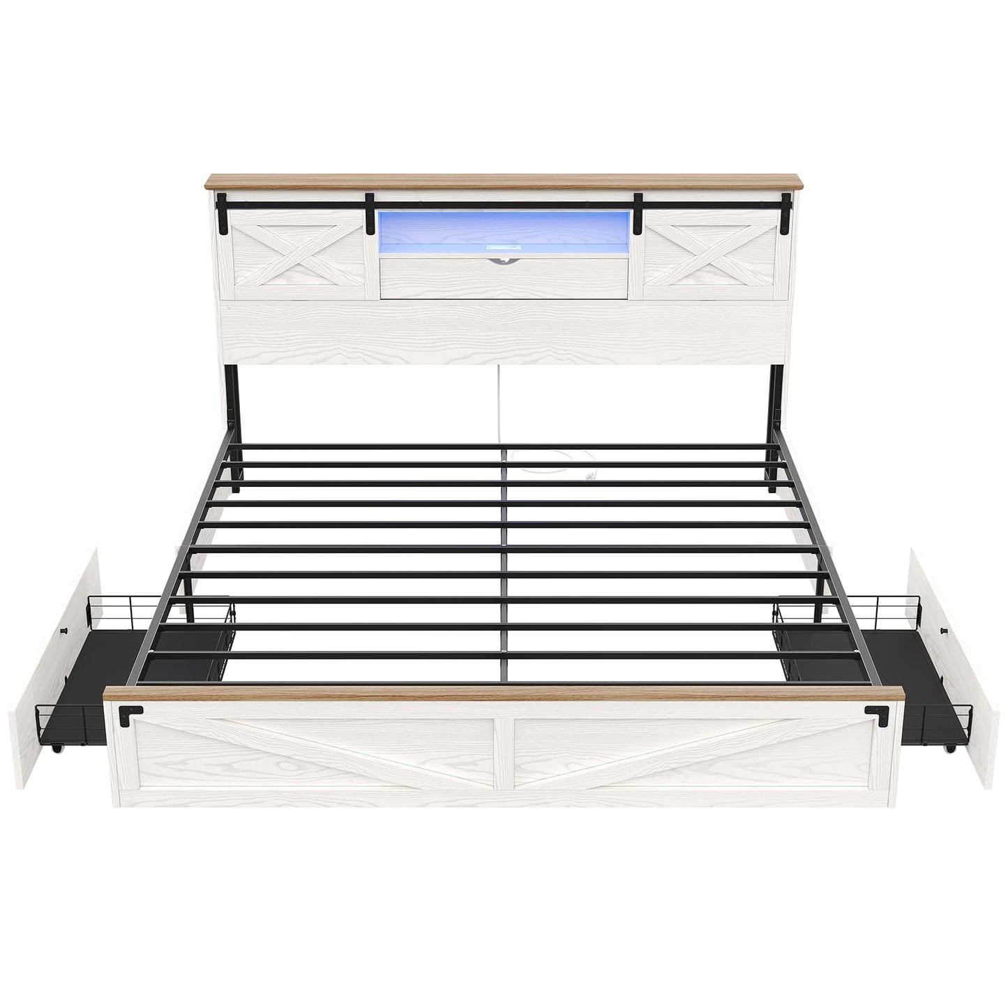 Hasuit Farmhouse Bed Frame King Size with Storage Bookcase Headboard, Wooden King Bed with LED Lights, Charging Station, 2 Drawers, Country Rustic Bed Frame with Sliding Barn Door
