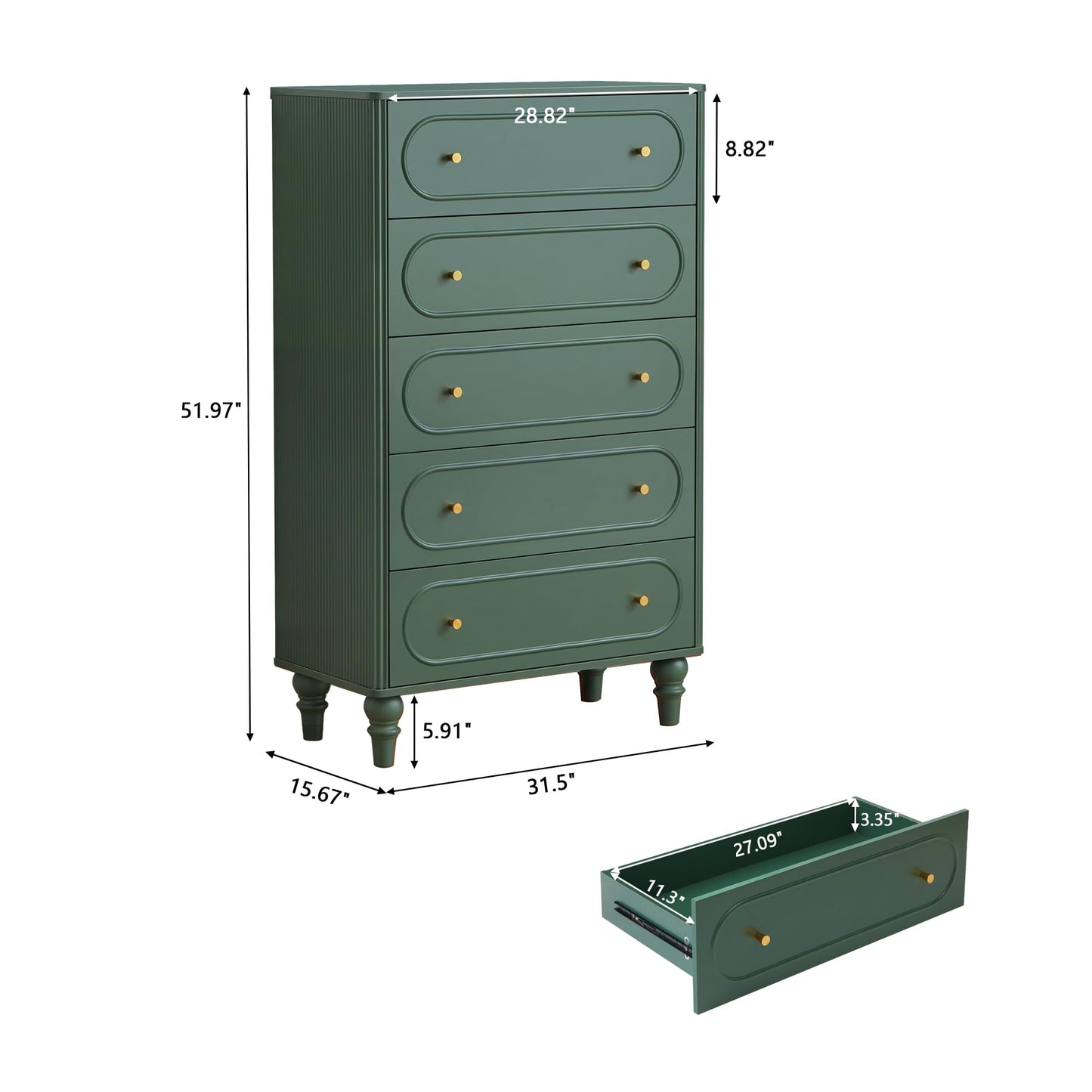 ORRD 5 Drawer Fluted Dresser for Bedroom, Mid Century Modern Chest of Drawers, Wood Storage Large Dresser Organizer for Bedroom Living Room Hallway Closet, Green