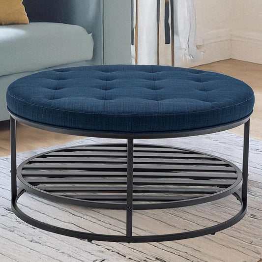 BARNUT Ottoman Coffee Tables, 36" Round Upholstered Tufted Linen Coffee Table with Metal Shelf for Living Room, Performance Fabric in Navy