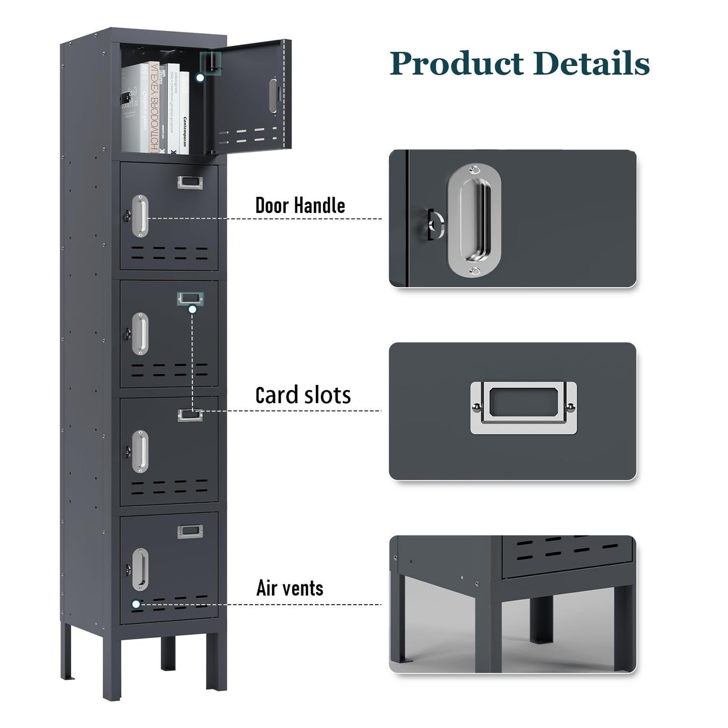 BUTISOW Metal Locker with 5 Doors,Lockers for Employees,66'' Steel Storage Locker for School,Gym, Office, Office,Garage,Lockable Metal Storage Cabinet with Hooks,Card Slots,Requires Assembly