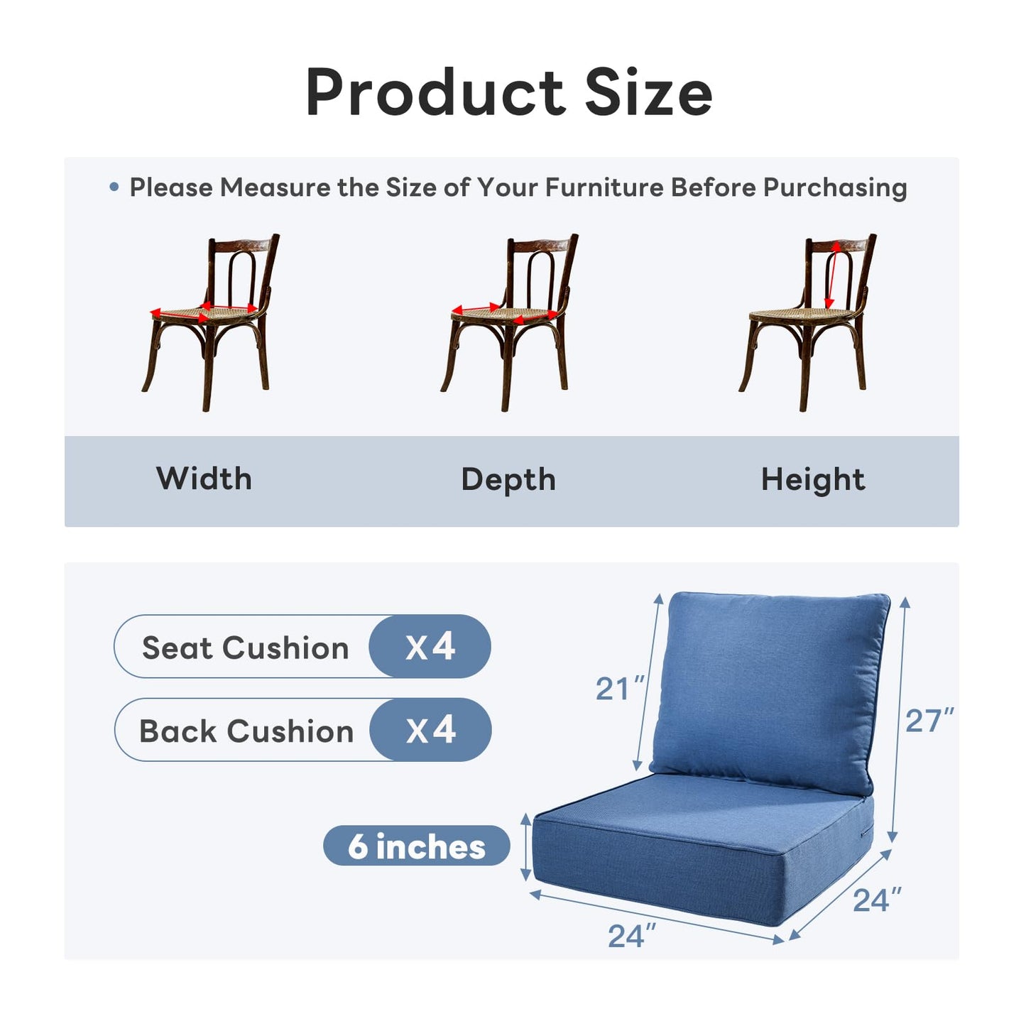 Artfurniz 6" Thicker Outdoor Chair Cushion 4 Sets - 24" *24" *6" Waterproof Patio Furniture Cushions with Removable Cover, 28D High Density Sponge Filling Thicken Outdoor Patio Cushions - Blue