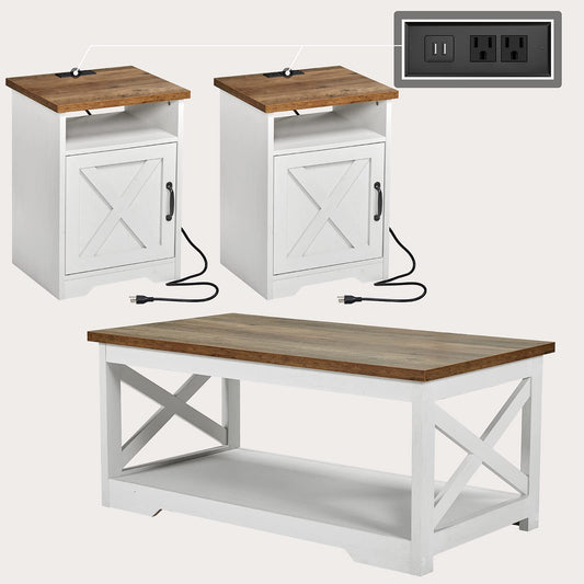 AMERLIFE 3-Piece Farmhouse Living Room Table Set with Coffee Table & 2 End Tables, Charging Station & USB Ports, Distressed White