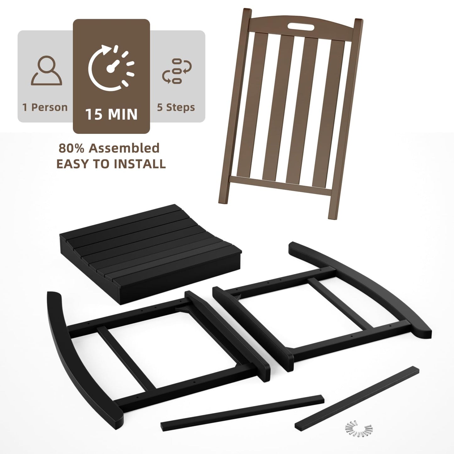 Outdoor Rocking Chair, All Weather Patio Rocking Chair, HDPE Poly Rocking Chair for Adults, Heavy Duty Front Porch Rocker, Brown