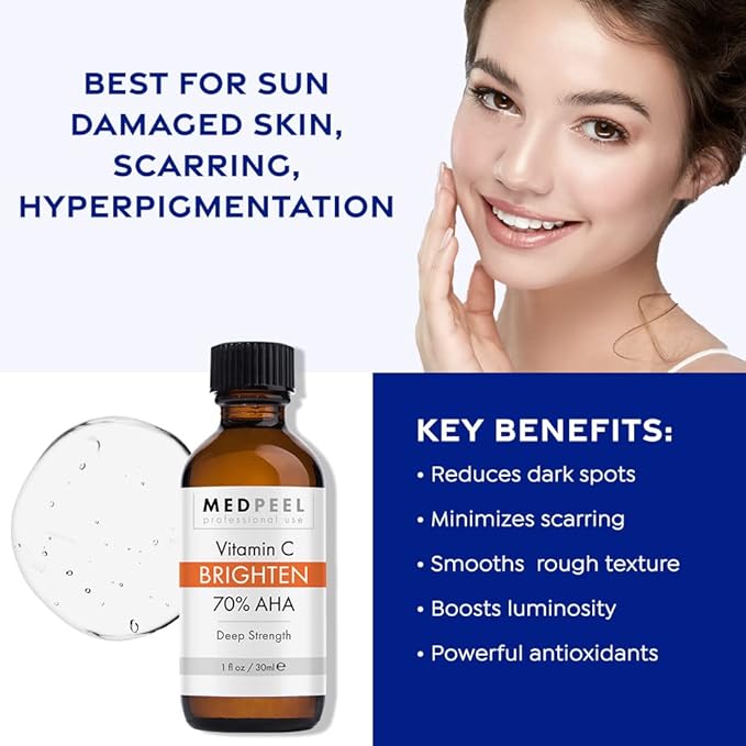 Medpeel 70% AHA & Vitamin C Brightening Essential Peel Kit, Includes Peel, Prep, Neutralizer, Deep Strength Professional Grade Chemical Face Peel, Reduces Age Spots, 1oz/30ml (Kit of 3)