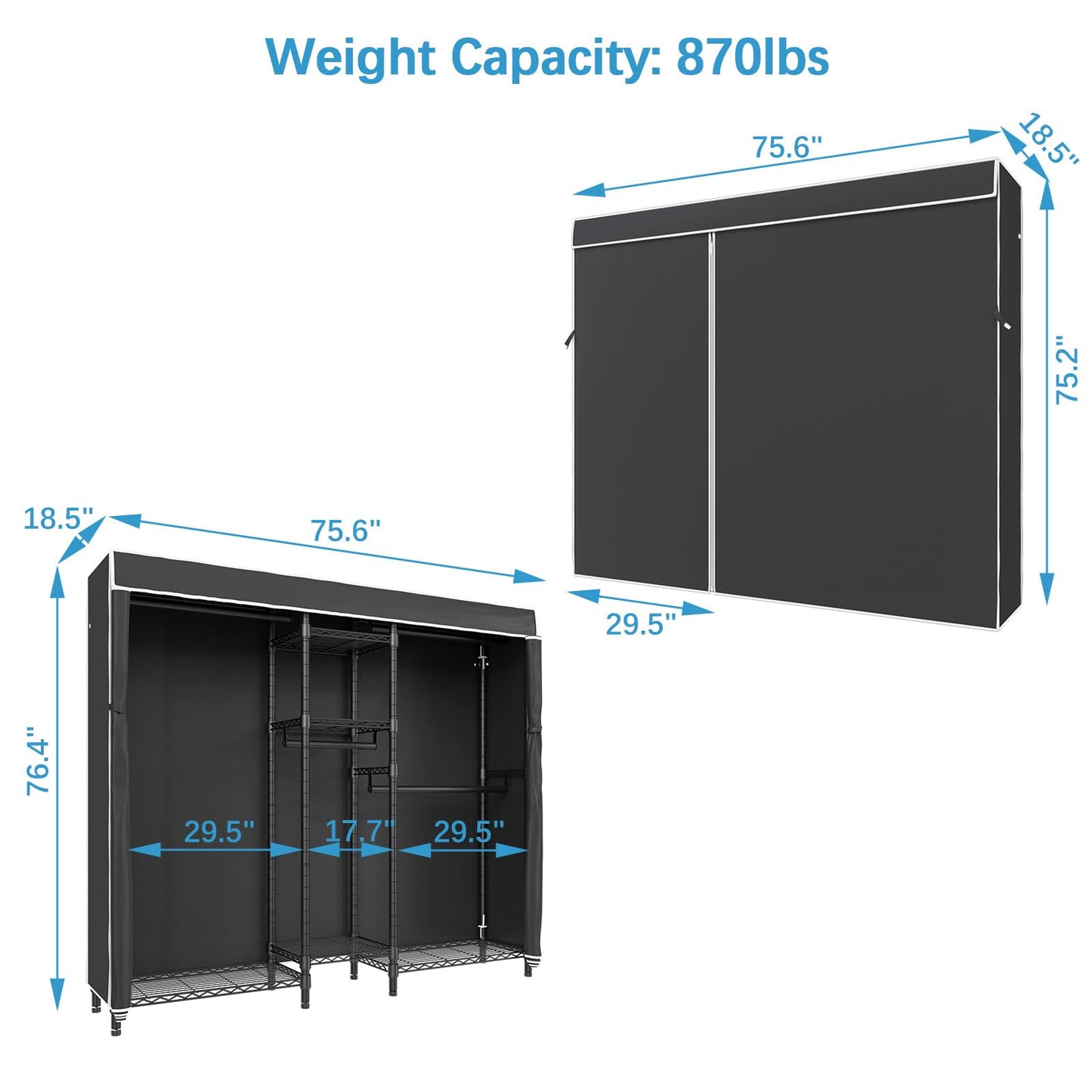 VIPEK V6C Heavy Duty 5 Tiers Wire Garment Rack Large Size Wardrobe Closet Black Metal Clothing Rack with Black Oxford Fabric Cover, 75.6" L x 18.5" W x 76.4" H, Max Load 780 LBS