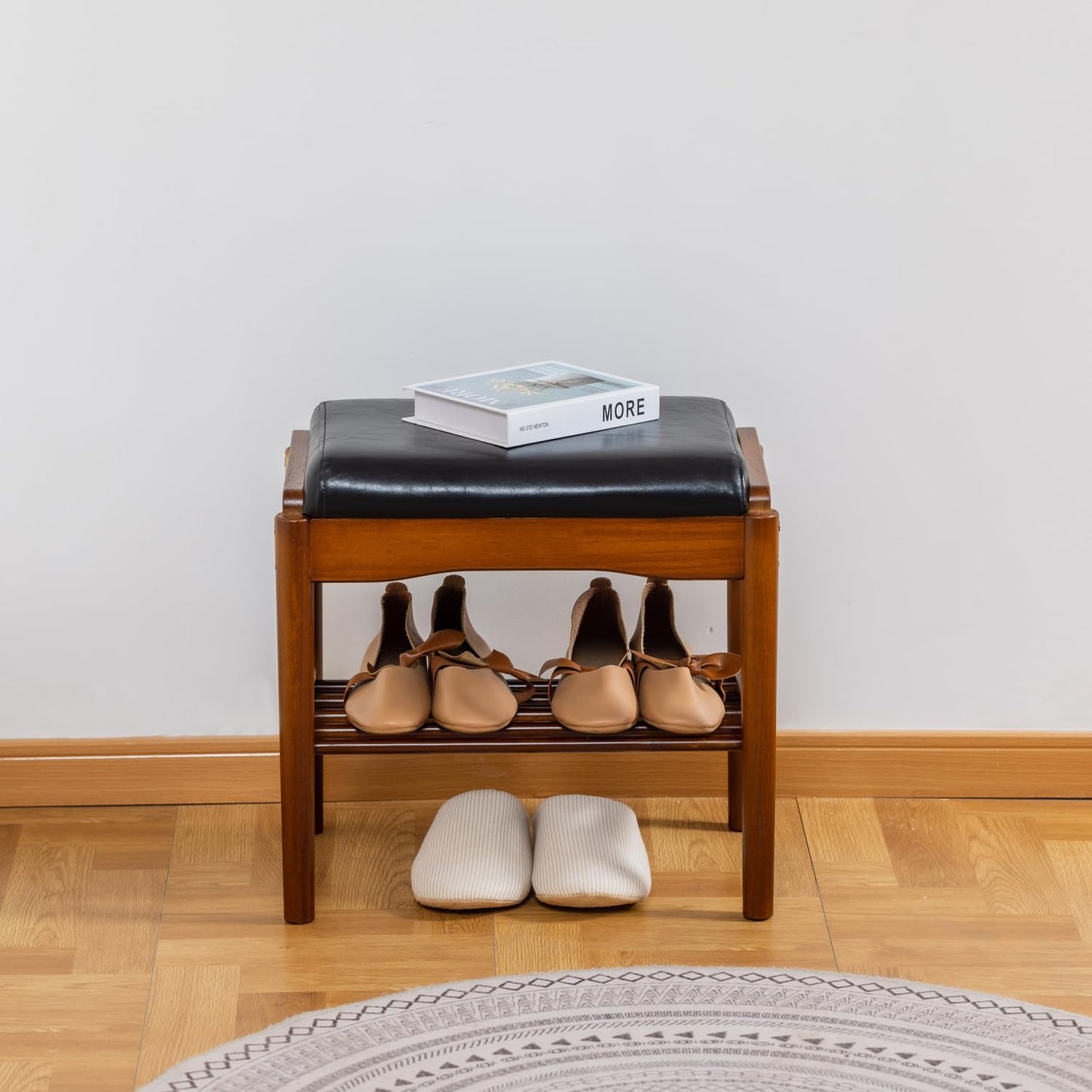 SOBIBO Shoe Bench, Entryway Bench, Wood 2-Tier Shoe Rack with Cushion Padded Seat Shoe Organizer (17.71",Black)