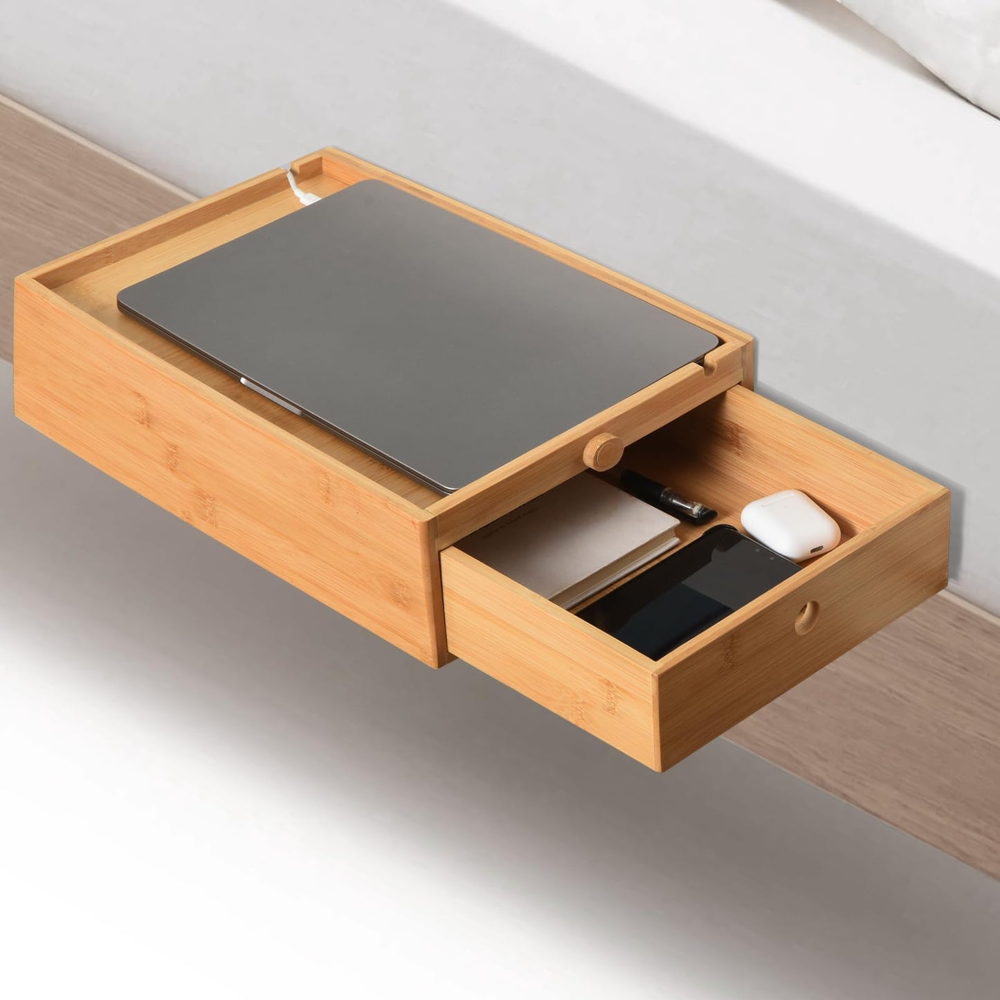 Vekkia Natural Bamboo Bedside Shelf with Drawers - For College Dorm Bunk Beds, Blending Decor and Storage
