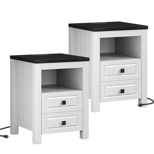 Apicizon End Table Set of 2, Farmhouse End Tables with Charging Station, Nightstand with Drawers and Storage Cabinet, Small Coffee Table for Small Spaces, Sofa Side Table for Living Room, Bedroom