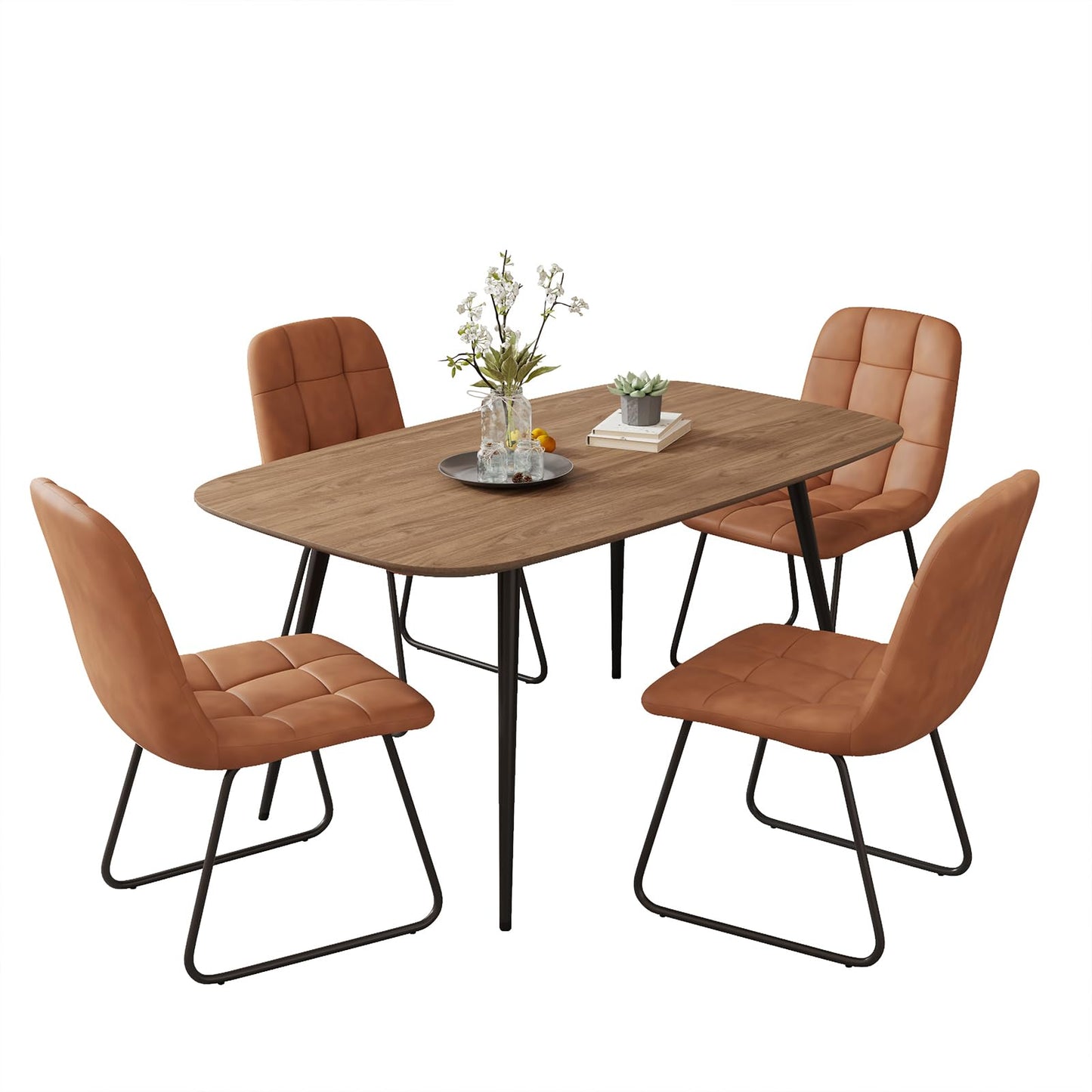 HIPIHOM 47.2'' Dining Table Set for 4,Modern Wood Dining Table,Leather Dining Chairs 4,Table and Chairs Set of 4,Ideal for Kitchen Dining Room (Walnut Color Table + 4 U-Shaped Brown Chairs, 47.2")