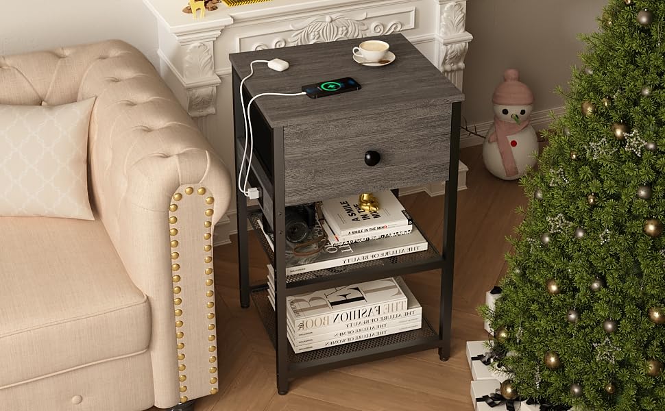 LTTDOUK Nightstands Set of 2 with Charging Station, Bedside Tables with Fabric-Wood 2-in-1 Drawer, End Table for Small Spaces, Grey Side Table with USB Ports and Outlets for Bedroom, Living Room