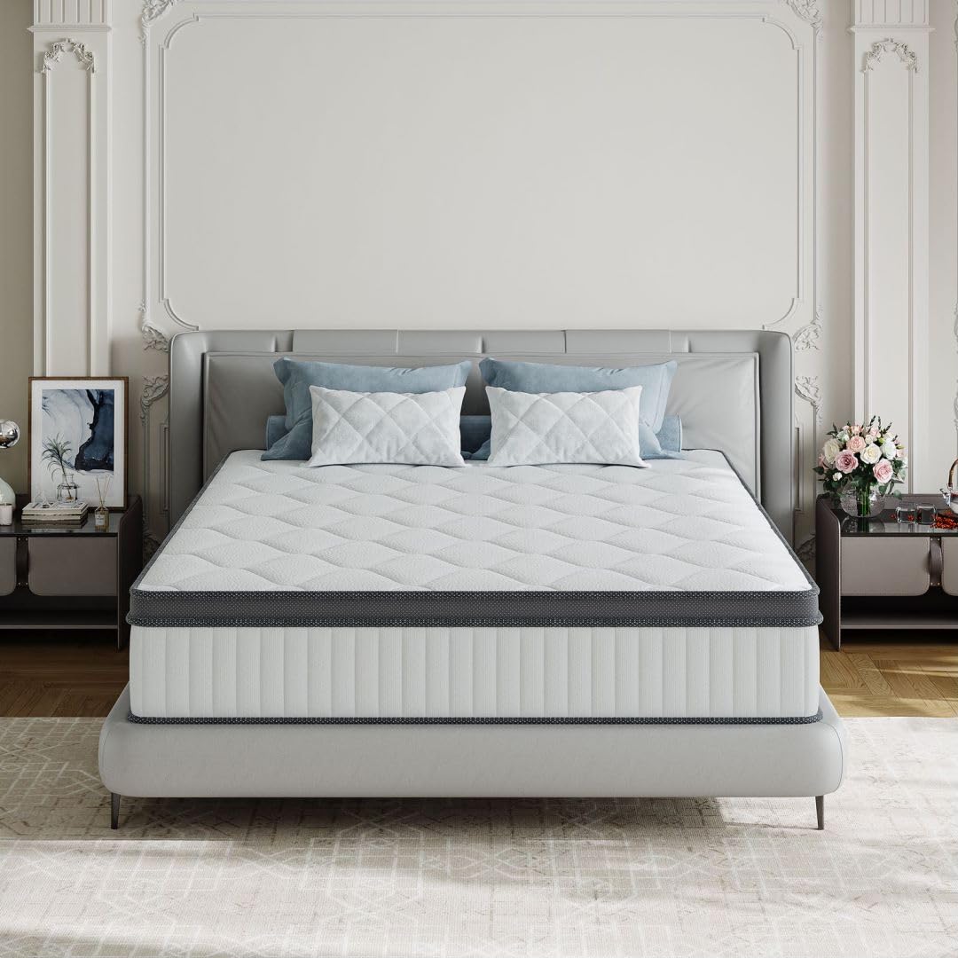 TXO Full Size Mattress, 10 Inch Medium Firm Hybrid Mattress with Pocketed Spring and Bamboo Charcoal Gel Memory Foam, Anti-Pilling Cover, Motion Isolation, Cool and Dry Sleep, Full Mattress in a Box
