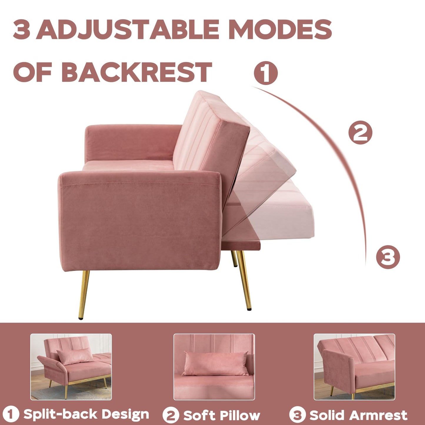 dannratch 70'' Futon Sofa Bed Velvet Convertible Sleeper Sofa Tufted Couch Bed with Adjustable Armrests and Backrest, Modern Loveseat Sleeper Bed with 2 Bolster Pillows for Living Room, Bedroom,Pink