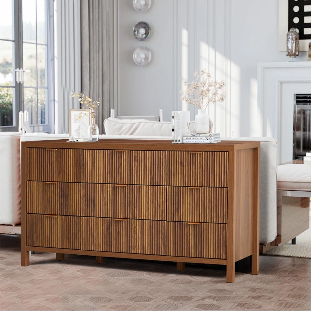 affeivul Mid Century Modern Dresser TV Stand, 9 Drawer Dresser for Bedroom Wood, Farmhouse Boho Storage Cabinet Side Table with Solid Natural Wood Legs, Long Wooden Nightstand for Closet (Walnut)