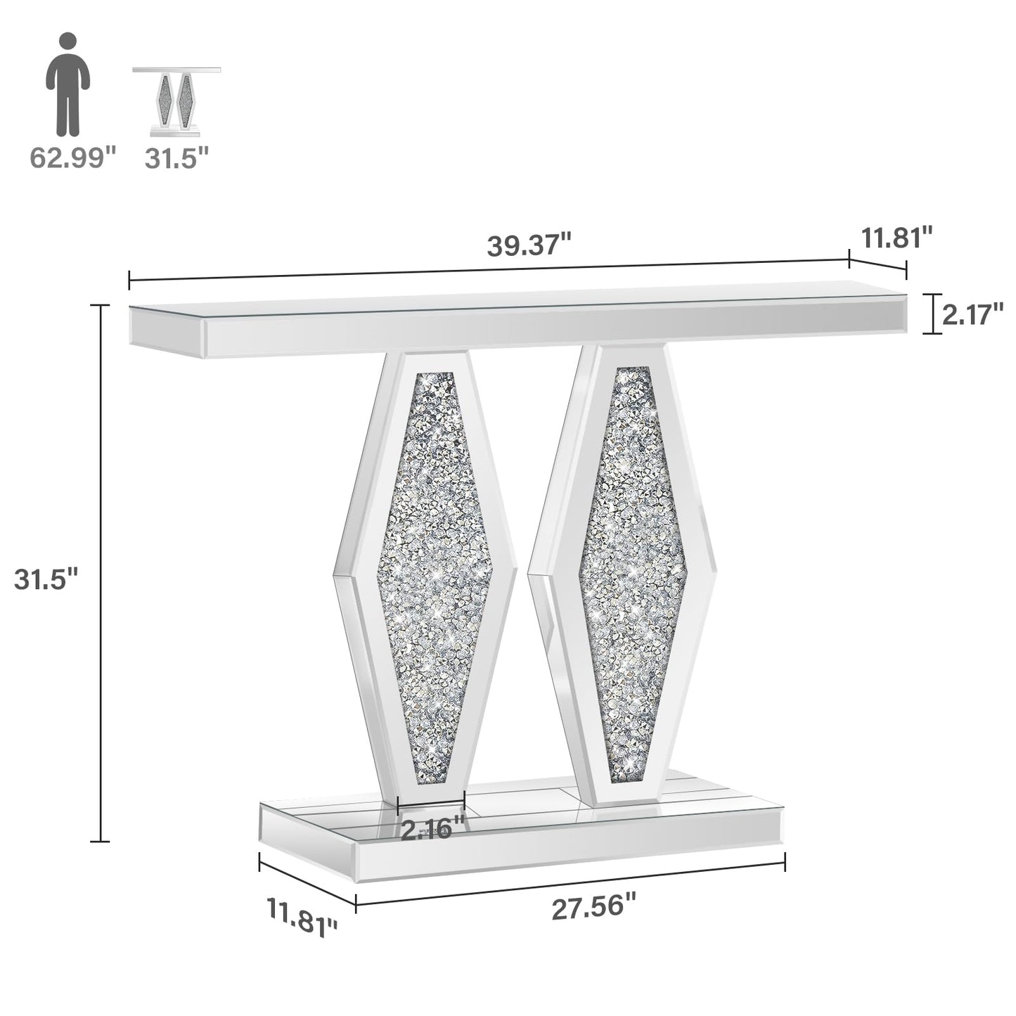 GA Home Modern Mirrored Entryway Console Tables with Crushed Diamond Inlay, 39.37" Long Silver Hallway Table for Entryway, Glam Glass Foyer Table for Home Decor
