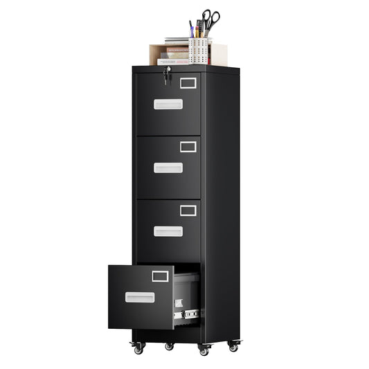 Aobabo 56" H 4 Drawer Moblie Office File Cabinet with Lock, Rolling Metal Filing Storage Cabinet, Legal/Letter A4 Sizel, Black, Assembly Required
