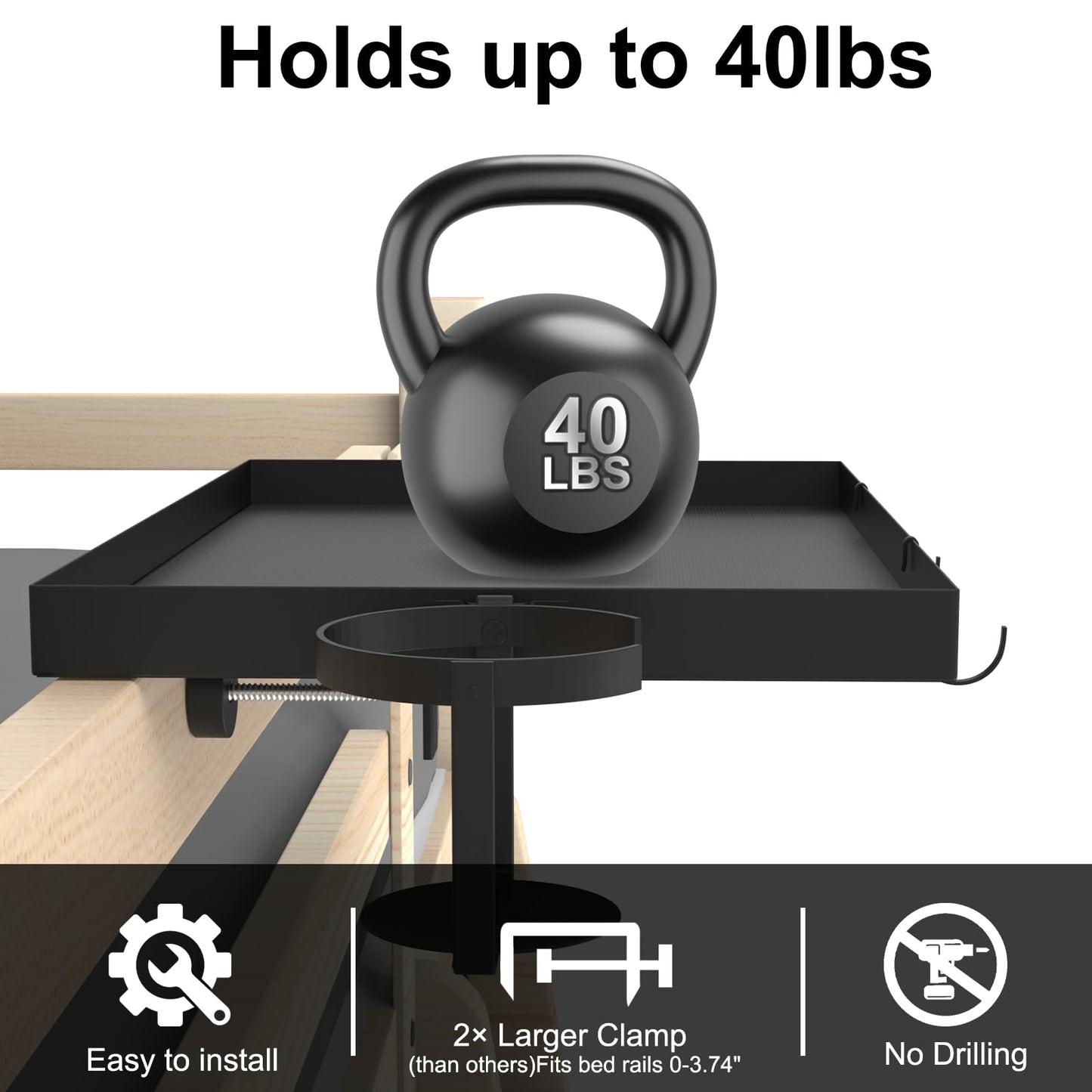 Moginno Bedside Shelf for Bunk Bed & Top Bunk, College Dorm Room Essentials, Bed Side Table Tray Organizer with Hook, Cord Clip and Cup Holder, Clip on Nightstand for Loft Bed Accessories, Black