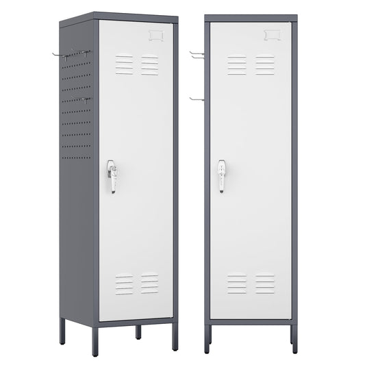 Aobabo Metal 54" H Metal Storage Locker for Employees, Lockable 1 Door with Towel Rack and 2 Side Pegboards with Hooks for School Office Gym Bedroom, Assembly Required (Gray White)