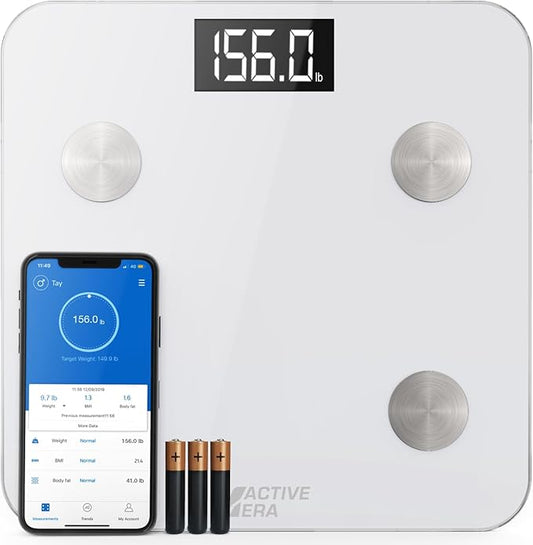 Active Era Digital Bathroom Bluetooth Scales Weight and Body Fat - Fit Track Scale Calculates BMI, Body Fat Percentage, Muscle Mass - Apple Health, Google Fit & Fitbit Compatibility (White)