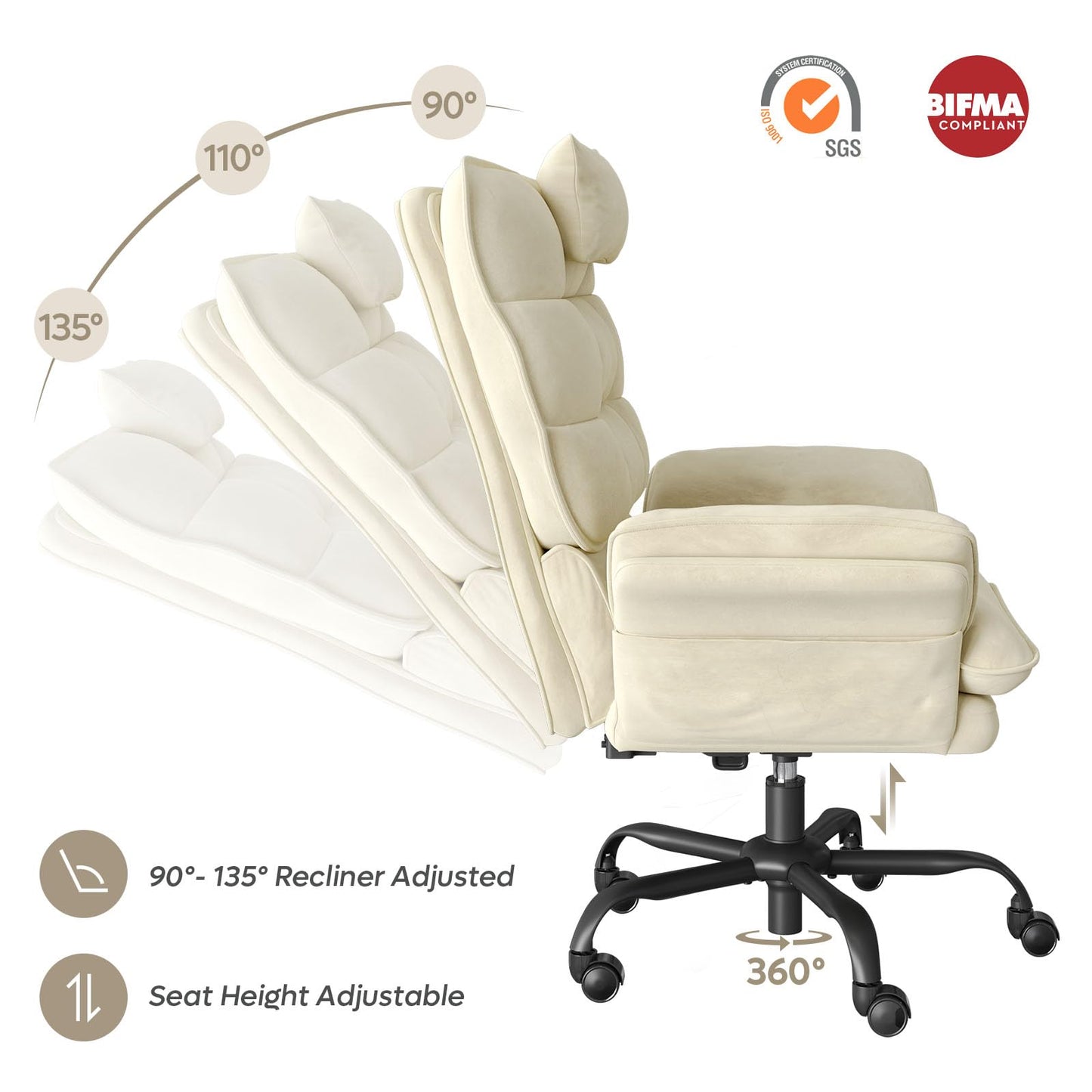 Bestier Velvet Executive Office Chair, Ergonomic Chair with Flip-up Arms, 135° Reclining Office Chair with Side Pockets & Headrest, Big Swivel Computer Chair for Home Office - Beige