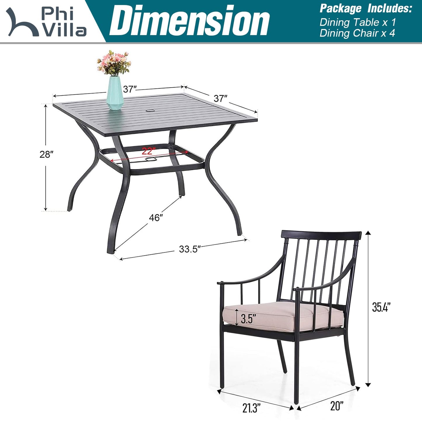 PHI VILLA 5 Piece Outdoor Dining Set with Cushion, 37” Square Metal Dining Table with Umbrella Hole & 4 Cushioned Steel Chairs for Patio, Deck, Yard