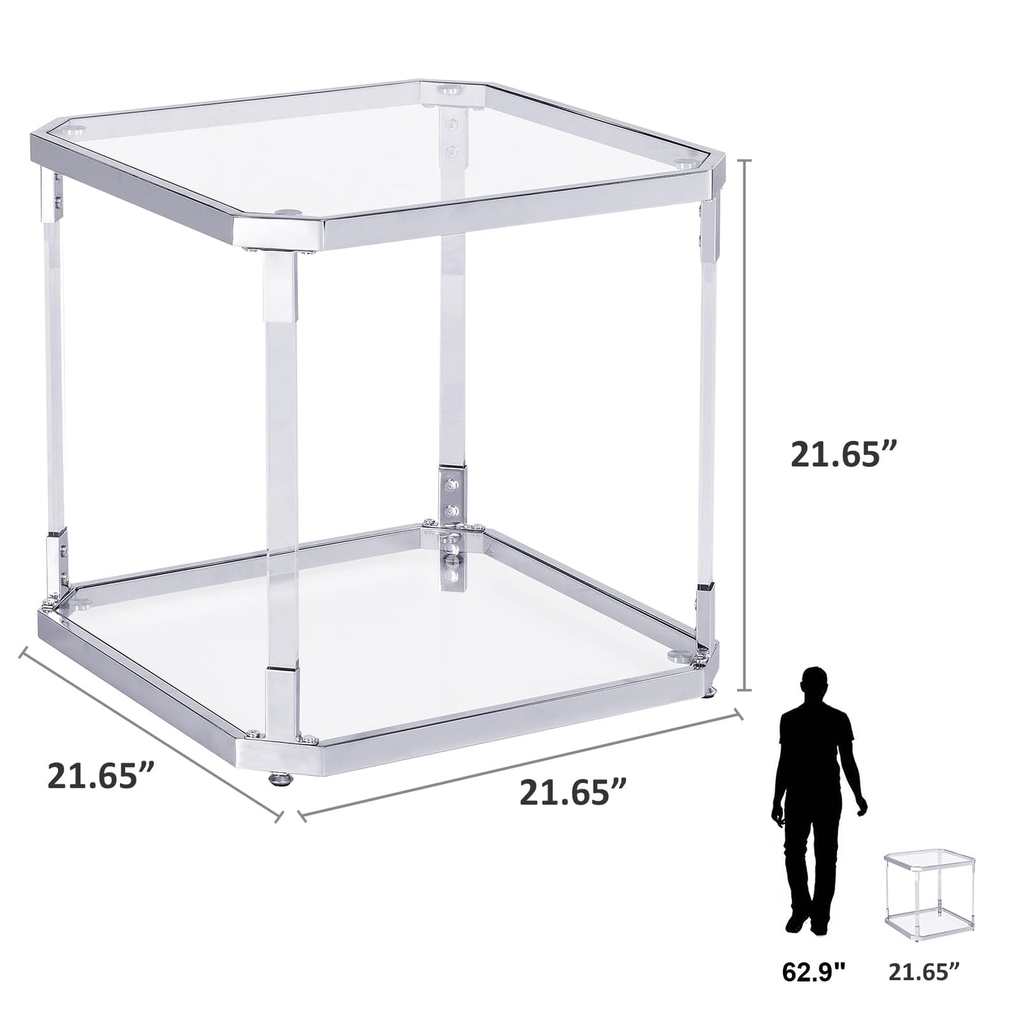 MINPINSER Glass Top Side Table - Silver Square Glass Top End Table Clear Acrylic Nightstand for Living Room Bedside Bedroom