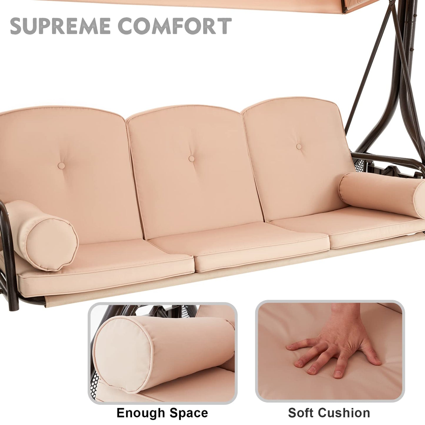 HOMREST 3 Seat Outdoor Porch Swing with Adjustable Canopy, Convertible Patio Swing Bed with Stand, Patio Glider Swing with Upgraded Cup Holder, Thicken Cushions ＆ Pillow for Backyard(Khaki)