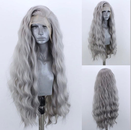 WXHWCX Grey Long Curly Synthetic Lace Front Wigs for Women Middle Part Natural Hairline Lace Wigs Daily Party Use