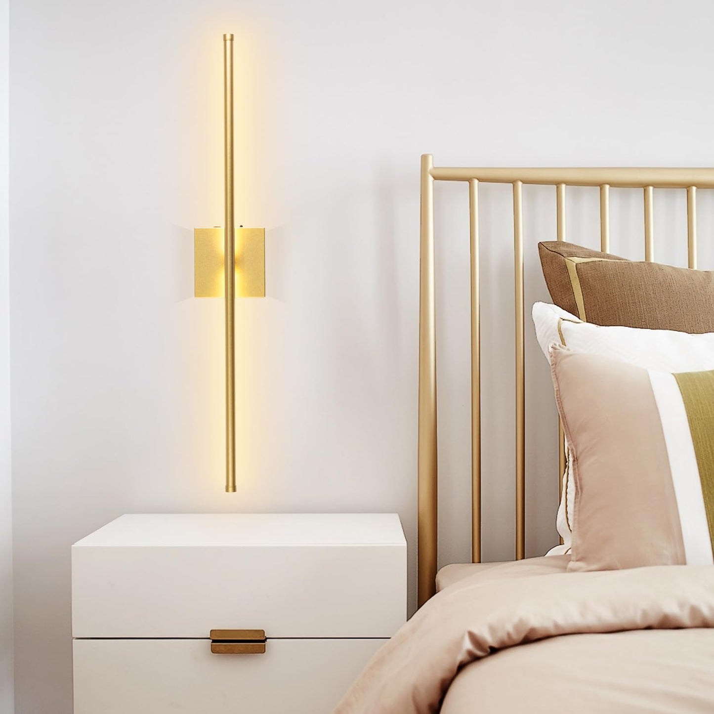LED Wireless Wall Sconce with Remote Control (Set of Two), USB Rechargeable Battery Powered Indoor Wall Lamps, Dimmable, 360° Rotate,Timing, 28.3 inch Gold Wall Lights for Hallway/Living Room/Bedroom