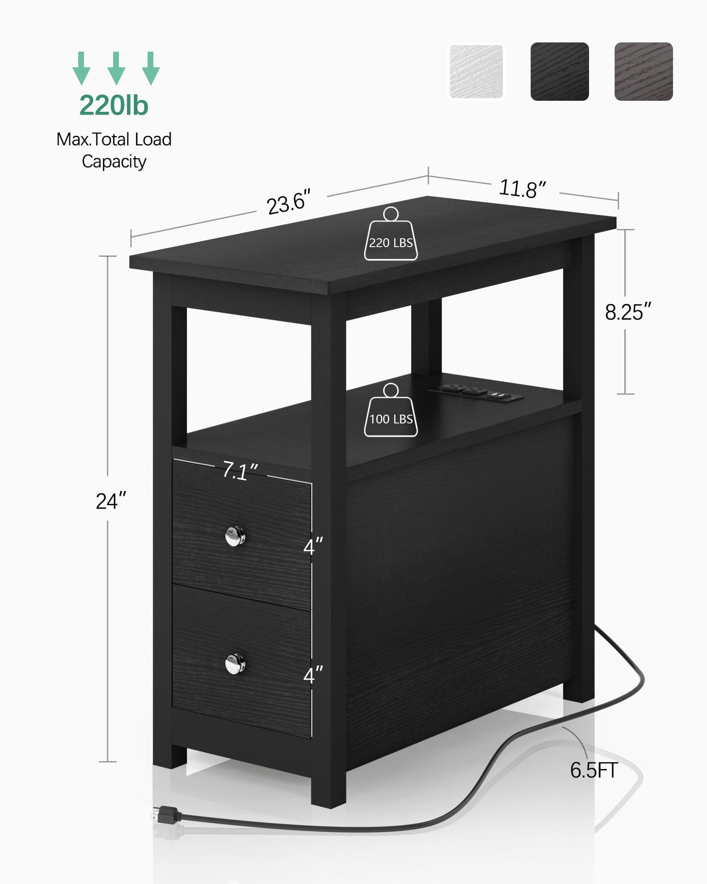 Sandinrayli End Table with Charging Station, Side Table with 2 Drawer & USB Ports & Power Outlets, Nightstand for Small Spaces, Bedside Tables for Living Room Black