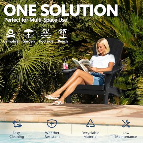 Folding Adirondack Chair Set of 4 with Cup Holder, HDPE All Weather Resistant Plastic Outdoor Patio Chairs, Heavy Duty Fire Pit Seating for Backyard Lawn Garden, Wooden Textured Design(Black)