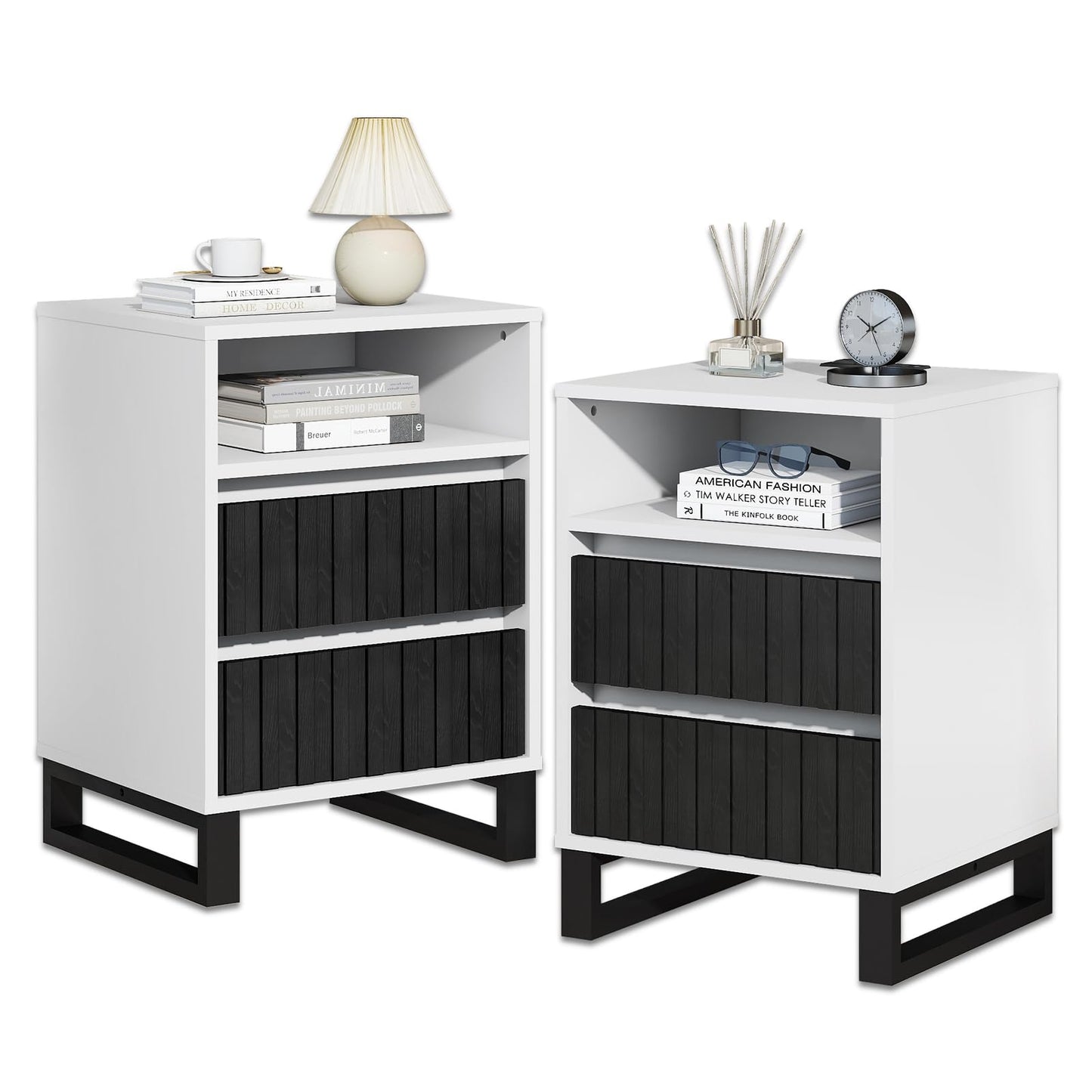 Lamtor Night Stand Set 2, Fluted Nightstand with Charging Station, Side Table with 2 Storage Drawers Cabinet, Wood Nightstand for Bedroom, Living Room, Black and White