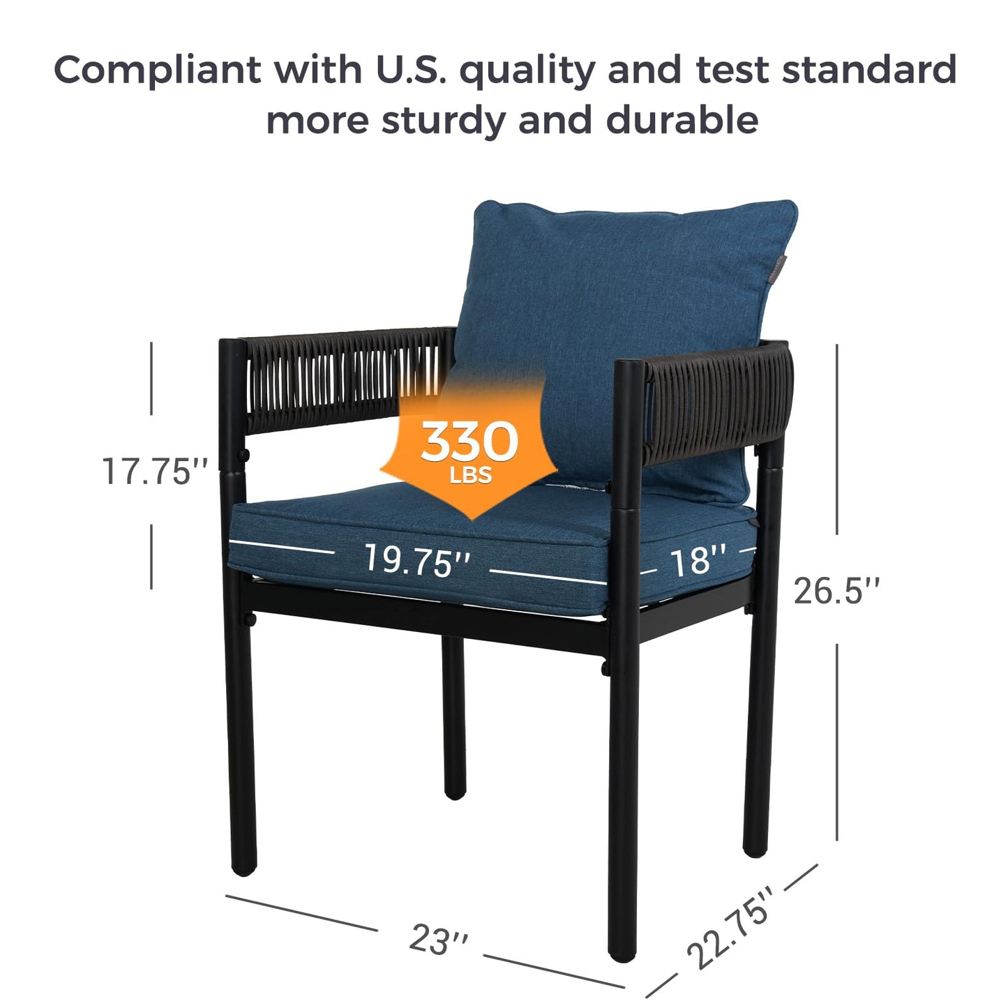 Grand patio Outdoor Dining Chairs Set of 4, 4 Pieces Patio Dining Chairs, Metal Woven Wicker Fixed Patio Chairs with Peacock Blue Cushions for Backyard, Deck, Garden, Porch, Lawn and Poolside (Brown)