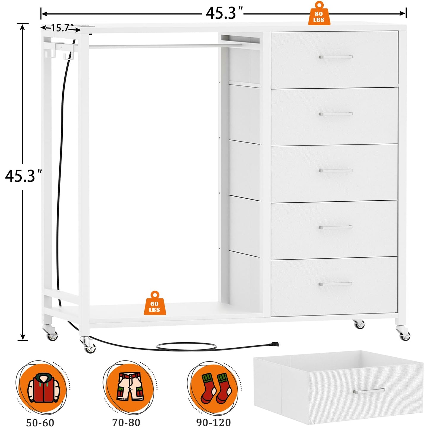 Cyclysio 5 Drawers Dresser with Charging Station & LED Lights, Chest of Drawers with Lockable Wheels, Storage Shelves, Bedroom, Closet, Entryway