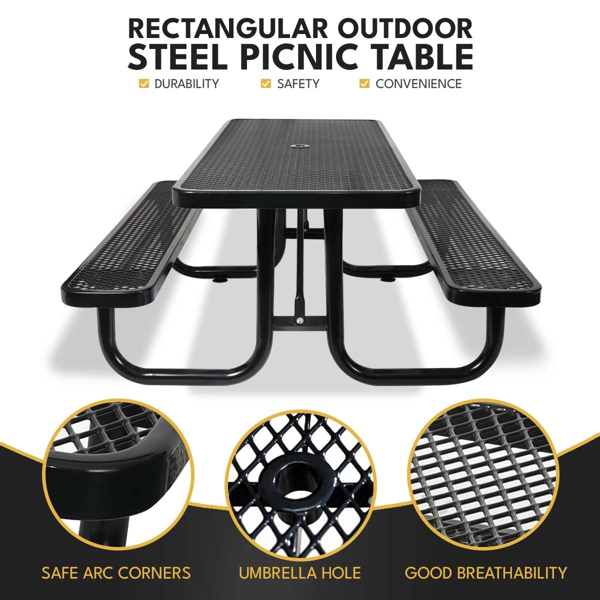 Anqtovp 6 ft. Heavy-Duty Steel Outdoor Picnic Table with Umbrella Pole,Rectangular Weather-Resistant Dining Table for Backyard,Black