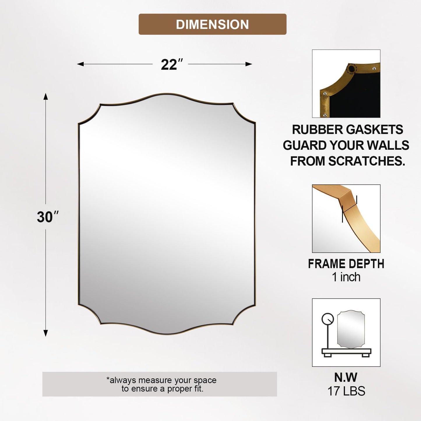 ANDY STAR Gold Vanity Mirror, Brushed Gold Mirror for Bathroom, 22x30 Irregular Wall Mirror, Asymmetrical Mirror in Stainless Steel Metal Frame Wall Mount for Bathroom, Bedroom, Living Room, Mantel