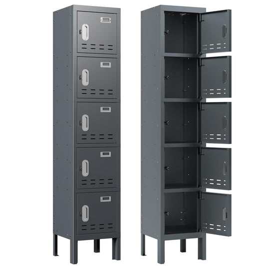 BUTISOW Metal Locker with 5 Doors,Lockers for Employees,66'' Steel Storage Locker for School,Gym, Office, Office,Garage,Lockable Metal Storage Cabinet with Hooks,Card Slots,Requires Assembly